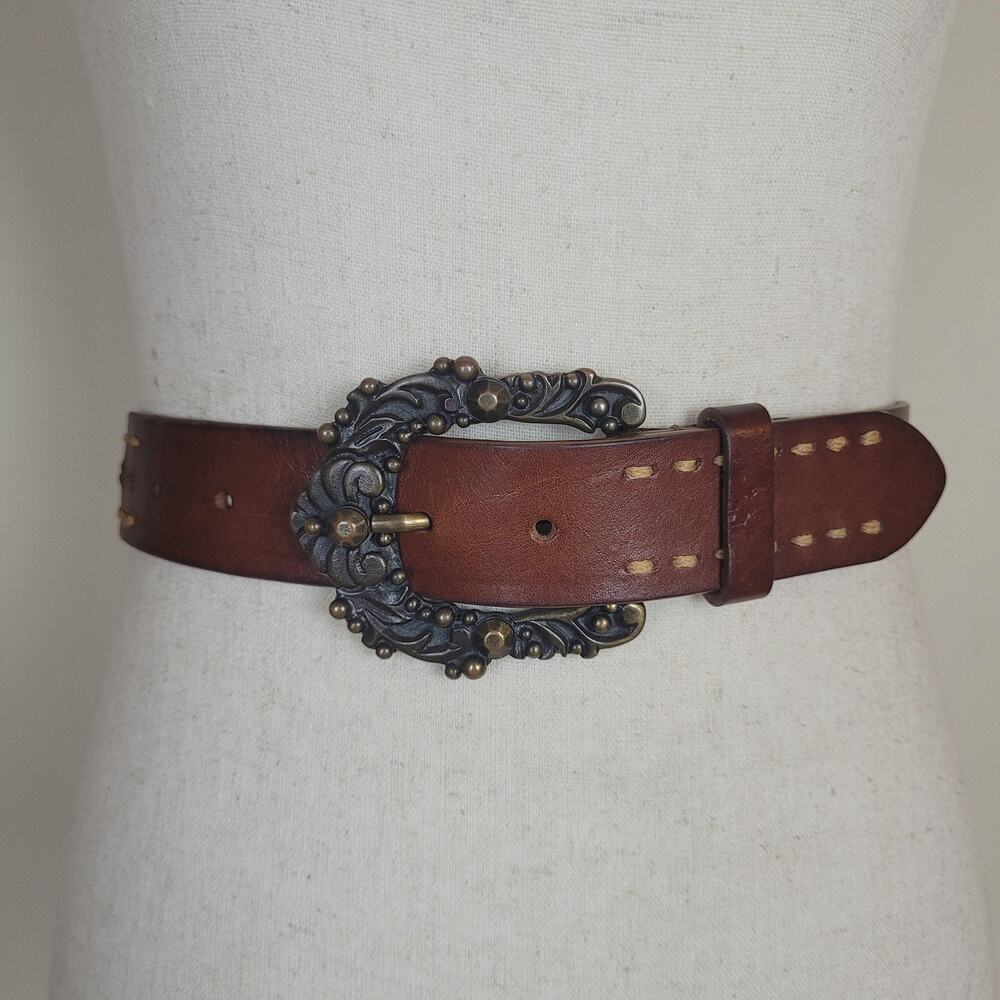 Weekend MaxMara Belt Large Brown Leather Ornate Buckle Western Boho Statement